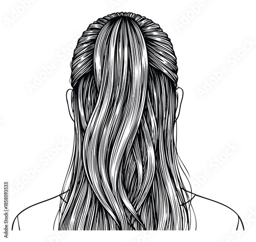 Rear view of a womans head with long, flowing hair styled in an elegant halfup ponytail, perfect for hair care, feminine fashion, and personal groomingrelated content applications.