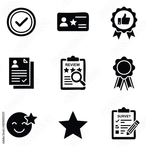 Comprehensive collection of quality assurance icons depicting customer satisfaction, user ratings, review processes, feedback surveys, and approval for business and service applications.