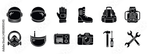 Collection of essential professional equipment and outdoor exploration gear icons perfect for industrial safety guides, adventure travel websites, or handyman service brochures