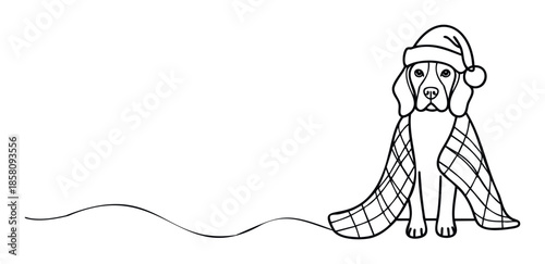 Adorable beagle dog wearing a festive Santa hat and cozy plaid blanket, perfect for heartwarming holiday greetings, winter invitations, or petthemed seasonal promotions.