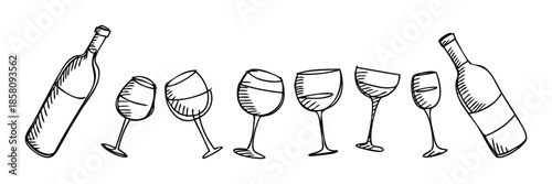 Hand drawn sketchy outline of various wine bottles and empty glasses perfect for liquor store advertisements, restaurant menus, or winery promotional materials