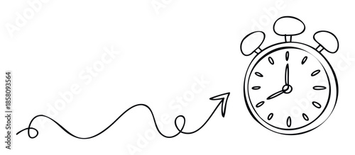 Illustrative black line drawing of an alarm clock connected by a forward moving arrow symbolizing deadlines and efficiency in planning and tracking.