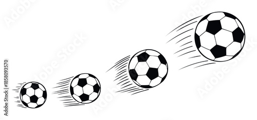 Dynamic soccer balls depicted in a fastmoving sequence, illustrating speed and forward progression for sports marketing or athletic event promotions.