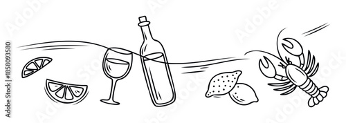 Line drawing of premium culinary items including a whole lobster, a wine bottle and glass, and sliced and whole lemons, ideal for menus, recipe books, or food industry branding.