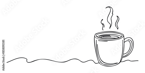 A minimalist continuous line drawing depicting a steaming hot beverage cup with wavy lines, perfect for food and drink related promotions, cafe branding, or cozy home decor concepts