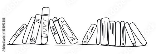 Simple hand drawn sketch of a collection of various books standing on a shelf arranged in a row perfect for educational library store and school related projects and activities