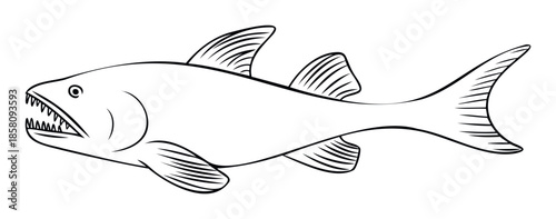 Aggressive aquatic predator with gaping mouth and sharp teeth, outlined in black, perfect for fishing industry branding, marine life studies, or sport fishing apparel and gear.