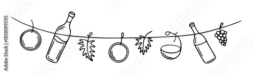 Decorative string of winerelated elements including bottles, grape leaves, and clusters, suitable for enhancing winery branding, event invitations, or product packaging.