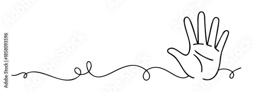 Simple continuous single line drawing forming an open human hand reaching out, perfect for use as a minimalist graphic resource, modern web design element, or unique branding illustration.