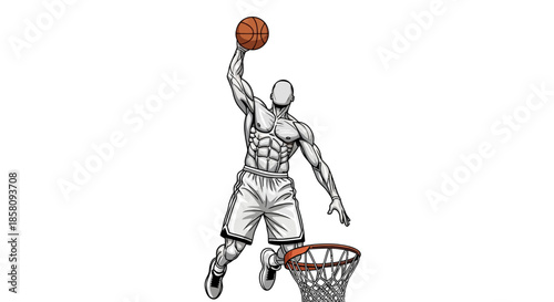 Muscular basketball player performing a powerful slam dunk, an illustration emphasizing strength and athleticism against a white background.