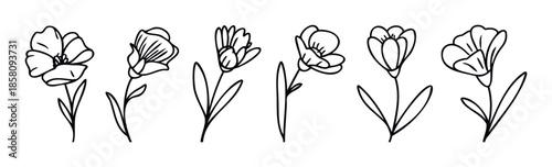 A collection of delicate hand drawn floral line icons featuring various blooming plants and stylized wildflowers perfect for invitations, stationery, or apparel prints