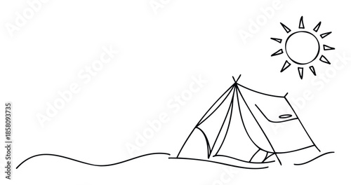 Simple outline drawing depicting a cheerful summer camping scene with a modest tent and shining sun on undulating ground, excellent for childrens books, travel guides, and educational