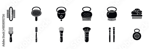 A comprehensive collection of essential grooming, bathing, and cosmetic tools presented as minimalist black silhouette icons, ideal for illustrating beauty product packaging, wellness blog