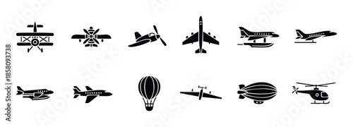 Black silhouette icons of various aerial vehicles including airplanes, helicopters, hot air balloons, and blimps are perfect for transportationrelated graphic projects and educational
