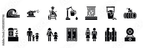 Essential icons collection for waterrelated activities and safety, including various water uses, public facilities, and family situations, ideal for graphic applications and informational