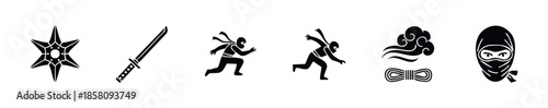 Ninja warrior equipment, masked characters in action poses, and traditional Japanese martial arts combat weapon symbols ideal for games, comics, apparel, and branding projects.
