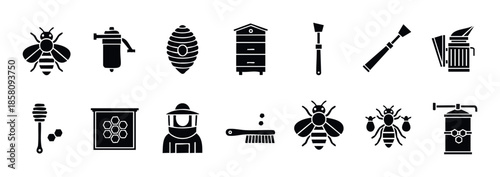 Beekeeping equipment and honey bee icons set representing honey production and apiary work, perfect for farming guides or apiculture product advertising materials