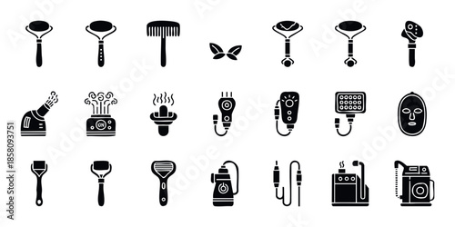 Comprehensive collection of modern skincare, massage, and beauty tools represented as flat black icons perfect for professional spa and cosmetic product advertising