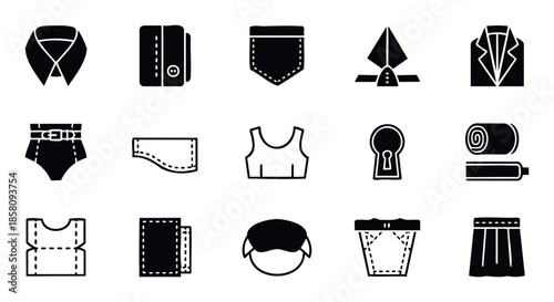 Modern solid black icons representing various clothing items, sewing patterns, and textile elements, suitable for use in fashion branding, craft projects, or apparel manufacturing