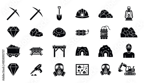 Diverse array of mining tools, safety gear, and geological resource black glyph icons perfect for depicting underground activities, precious stone extraction, and heavy industry concepts.