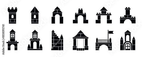 Collection of simple black silhouette castle towers and fortresses built from toy blocks, perfect for childrens game development, historical themed projects, or web icon sets