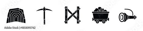 Mining tools and equipment icons depicting a mine entrance, pickaxe, shaft support, ore cart, and headlamp, ideal for industrial, educational, and resource extraction applications