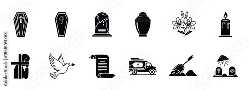 A comprehensive collection of funeral and memorial service icons including coffins, gravestones, urns, lilies, candles, and a hearse, perfect for religious and bereavement related graphic