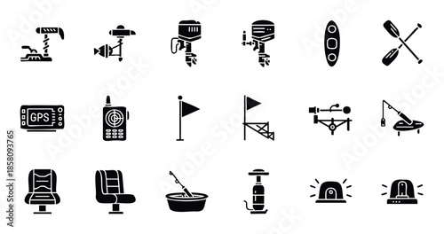 Collection of essential marine equipment and boating accessories presented as glyph icons for outdoor adventures, fishing trips, and water sports graphic resource applications