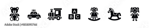 Variety of minimalist black silhouette icons showcasing beloved childrens toys such as a teddy bear, rocking horse, building blocks, and toy vehicles, suitable for kids education and