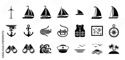 A comprehensive set of black silhouettes representing sailing, sea travel, and nautical adventure perfect for web icons, mobile applications, and marine themed designs