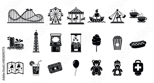 A comprehensive collection of monochrome icons depicting popular amusement park attractions, rides, games, food, and essential items, perfect for themed entertainment industry marketing