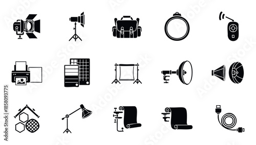 Professional photography studio equipment icons for graphic designers and photographers looking for visual resources to enhance their projects and presentations