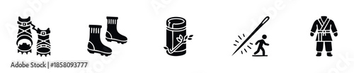 Black glyph icons depicting traditional boots, athletic footwear, a rolled sleeping bag, a sewing needle and figure, and a martial arts uniform for various hobby and activity designs.