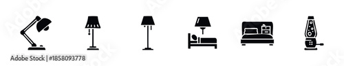 Diverse home decor icons including desk, table, floor lamps, beds, and a lava lamp, perfect for interior graphics and modern household item representations.