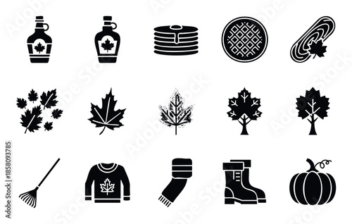 Collection of autumn season and Canadian maple themed black glyph icons perfect for seasonal graphic resources, product packaging, web interface elements, and informational applications.