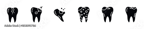 Set of diverse silhouette tooth icons depicting common dental problems and oral health concerns for medical presentations, dentistry informational graphics, and clinic marketing.
