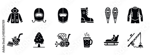 Black glyph icons depicting winter clothing, snow gear, outdoor activity items, hot beverages, and cold weather sports equipment for seasonal themes and informational graphics purposes.