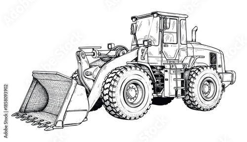 Black and white line drawing of a powerful wheel loader with a large front bucket, perfect for engineering publications, industrial equipment catalogs, and educational materials on heavy
