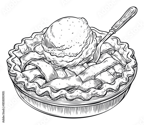 Tasty apple pie topped with a creamy scoop of ice cream and a serving spoon, ideal for restaurant promotions, recipe books, or food packaging
