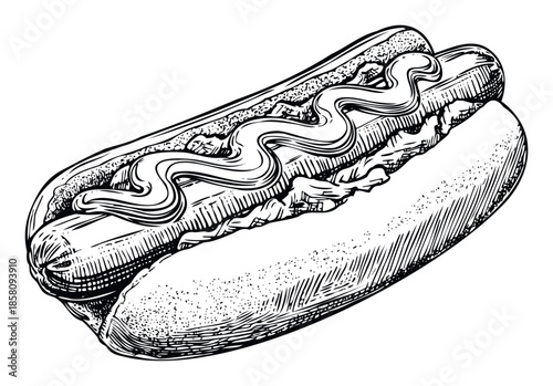 Classic hot dog with a mustard drizzle served in a soft bun, perfect for fast food menus, restaurant signage, recipe books, or diner themed promotional materials