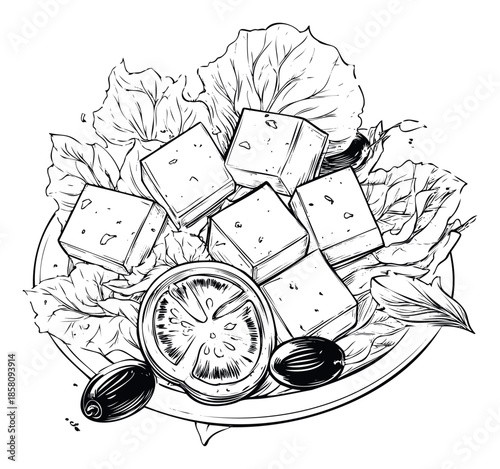 Delicious Greek salad ingredients featuring fresh lettuce, savory feta cheese, juicy tomato slice, and ripe olives, perfect for healthfocused menus or food industry advertising.