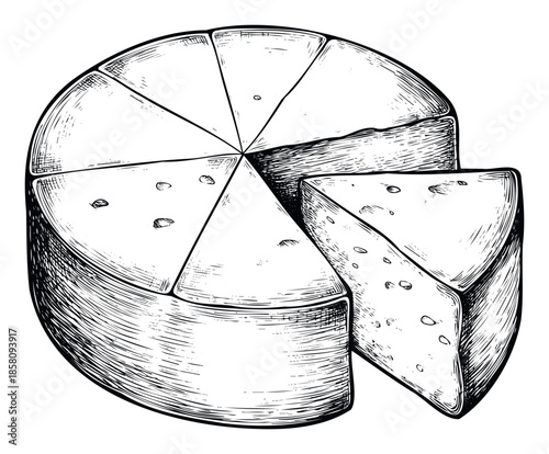 Hand drawn cheese wheel and a separated wedge depicting a classic dairy product, perfect for foodrelated projects, recipe books, or restaurant menu designs