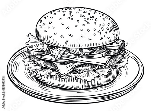 Classic hand drawn style hamburger with fresh lettuce cheese tomato and sesame seed bun perfect for restaurant menus food blogs and culinary branding projects