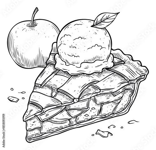 Delicious baked apple pie slice topped with a melting scoop of creamy ice cream and a fresh whole apple, great for culinary content, recipe publications, or sweet dessert projects.