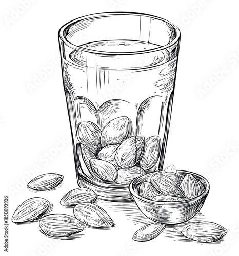 Botanical line drawing depicting wholesome almonds in a tall glass and small ceramic bowl, with loose nuts on a surface, perfect for foodrelated projects and health promotion materials.