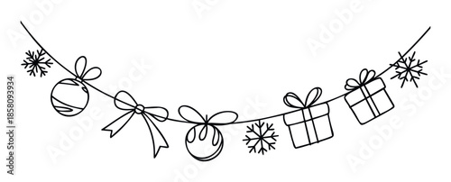 Minimalist holiday garland with charming line drawing snowflakes, wrapped presents, and ornaments, ideal for winter event promotions or greeting templates.