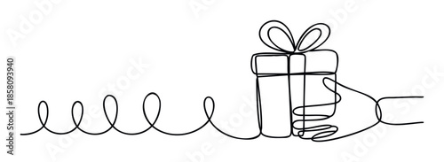 Modern one line drawing depicting a hand holding a festive gift box with a ribbon, ideal for expressing themes of celebration, giving, and appreciation in advertising, web, and social media