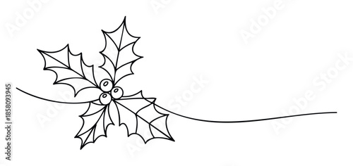 Simple elegant continuous line drawing depicting a holly branch with three classic berries and pointed leaves, perfect for enhancing Christmas holiday greetings and festive winter season