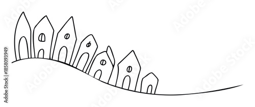 Minimalist outline drawing featuring small houses or buildings situated on a gentle wavy landscape, ideal for architectural projects, urban planning graphics, or decorative accents.