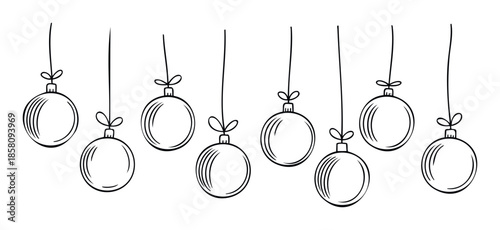 Black outline hand drawn Christmas baubles with bows hanging for holiday celebration decoration and winter season marketing materials and greetings